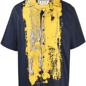 Marni Size 48 MARNI Men's Navy & Yellow Abstract Paint Splash Short Sleeve Butto